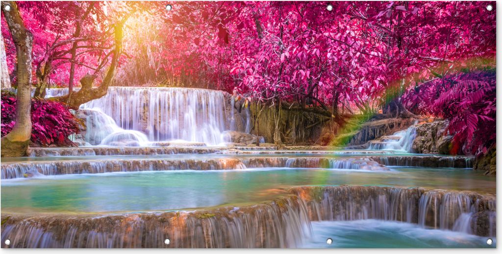 MuchoWow 160x80 cm Outdoor-Poster Gartendeko Sichtschutz Garten Poster für den Garten Wasserfall - Regenbogen - Bäume - Rosa - Natur