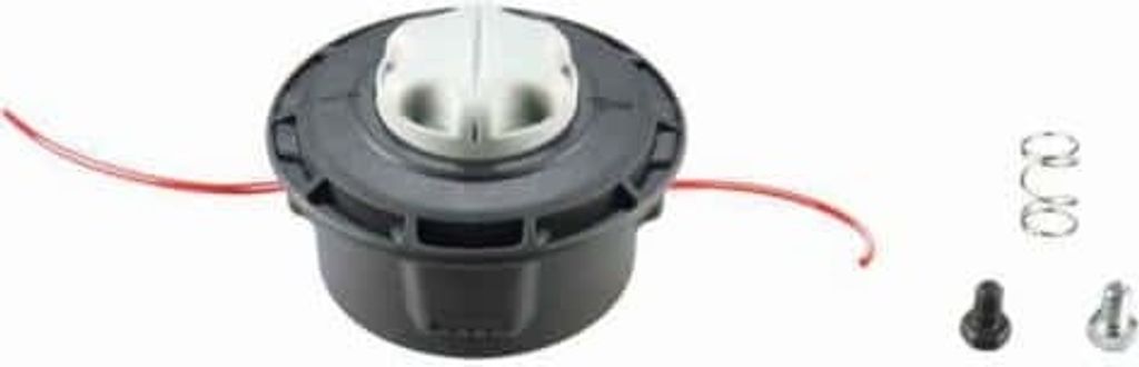 A string trimmer head and some small accessories are laid out on a white background.