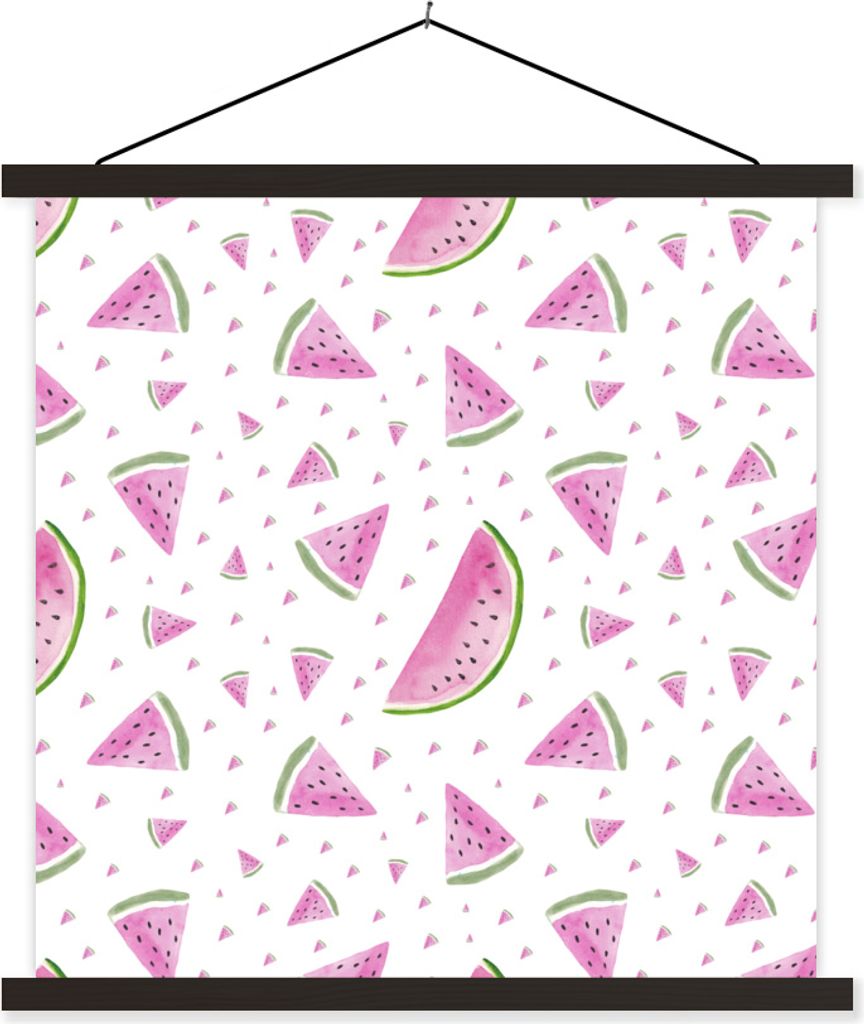 MuchoWow Textilposter Wassermelonen - Aquarellfarbe - Weiß 90x90 cm mit schwarzem Rahmen - Magnetisches
