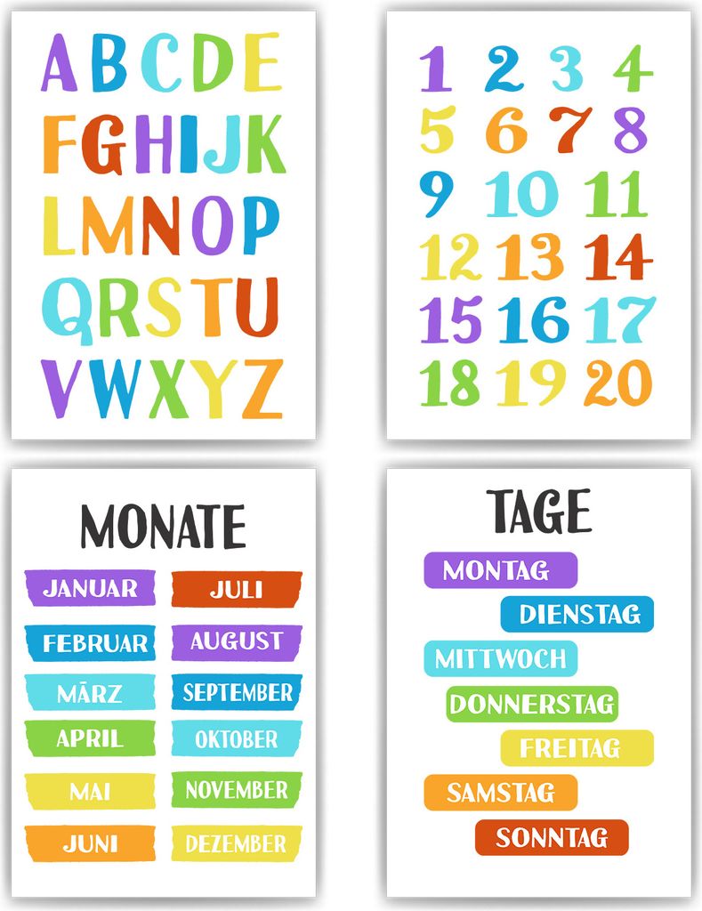 Kinderposter 4er Set ABC, Zahlen, Monate & Tage Lernposter Alphabet | Kinderzimmer Wandbilder Lernhilfe – DIN A3 (29.7x42cm)