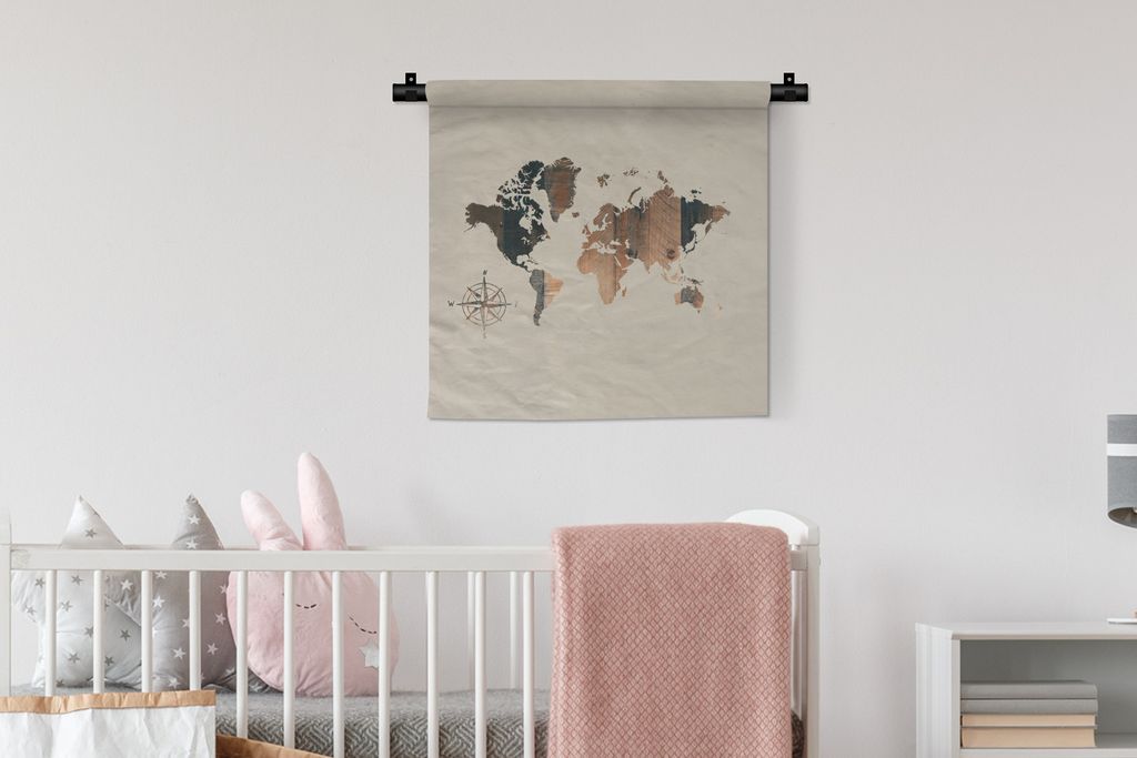 MuchoWow Wandteppich Wandbehang Weltkarte - Holz - Kompass 60x60 cm Tapisserie Dekoration Wandtuch - Dekorationen - Wand Decke
