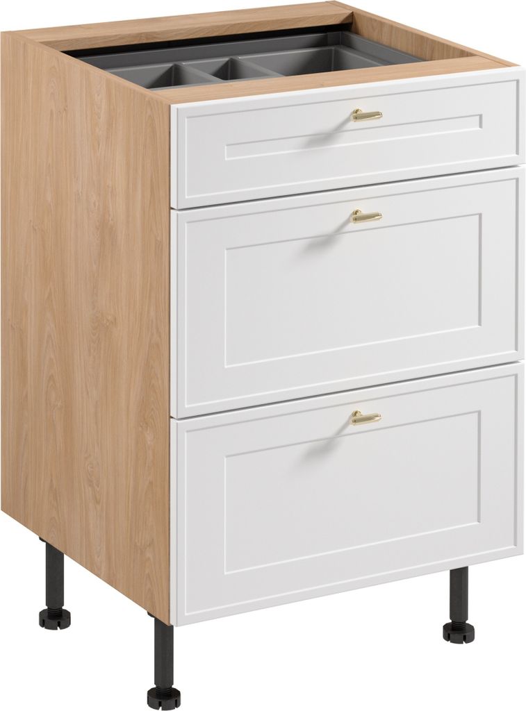 Küchenunterschrank 60 cm mit 3 Schubladen küchenmöbel Küchenblock, Sorento D60S3 AX Weiß/Sonoma Eiche