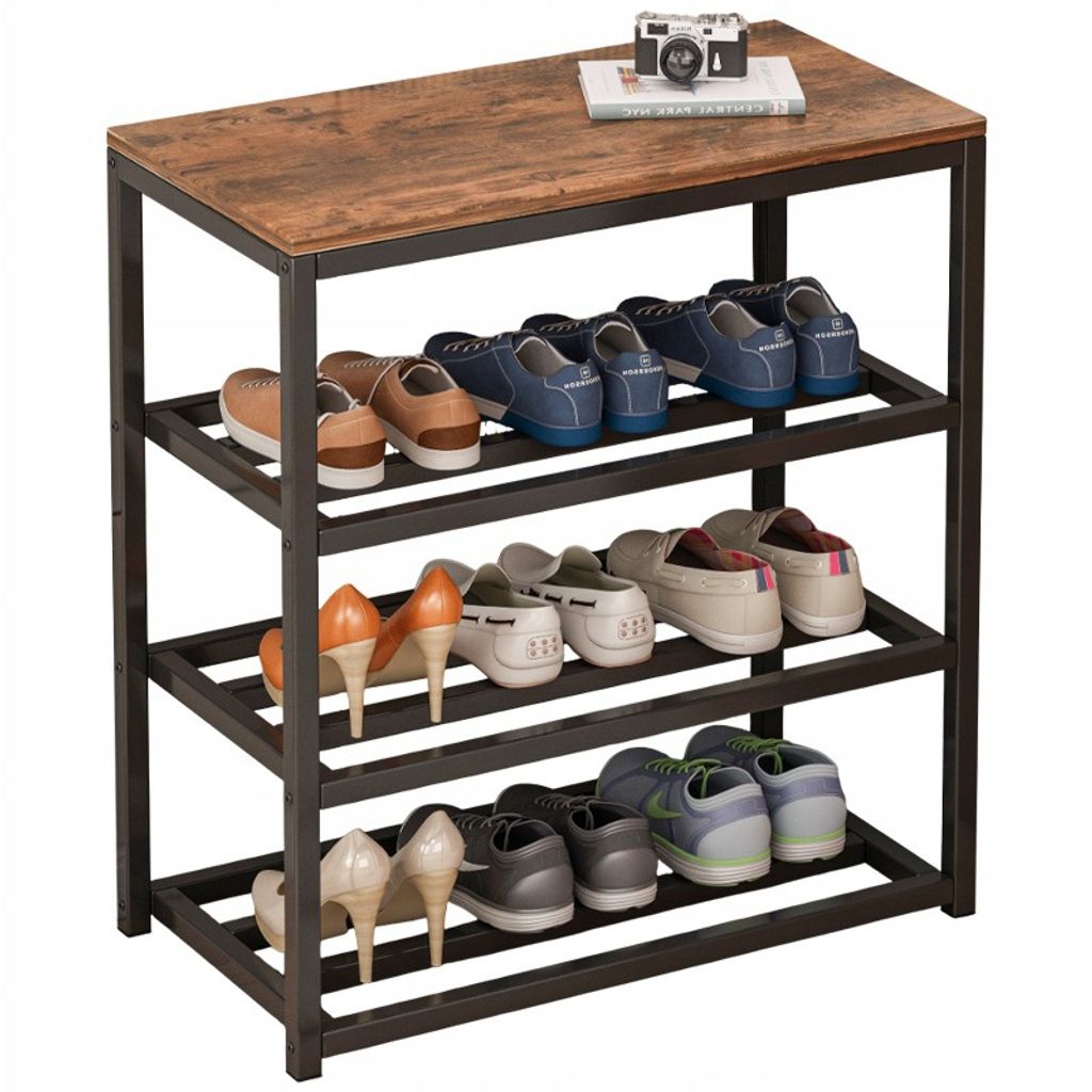A shoe rack with multiple shelves filled with various shoes, placed on a white background.