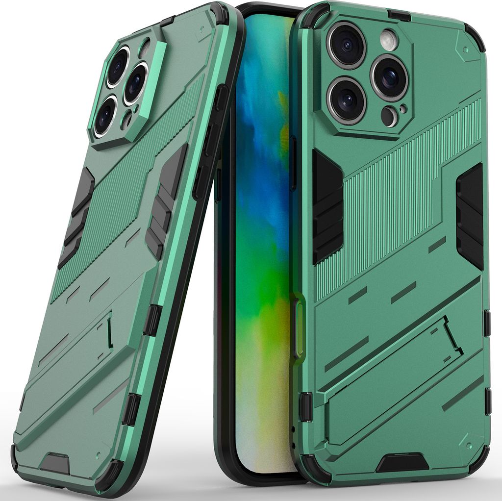 Armor Hülle für iPhone 16 Pro Max Hybrid PC TPU Bumper Stoßfestes Schutzhülle mit Standfunktion Grün