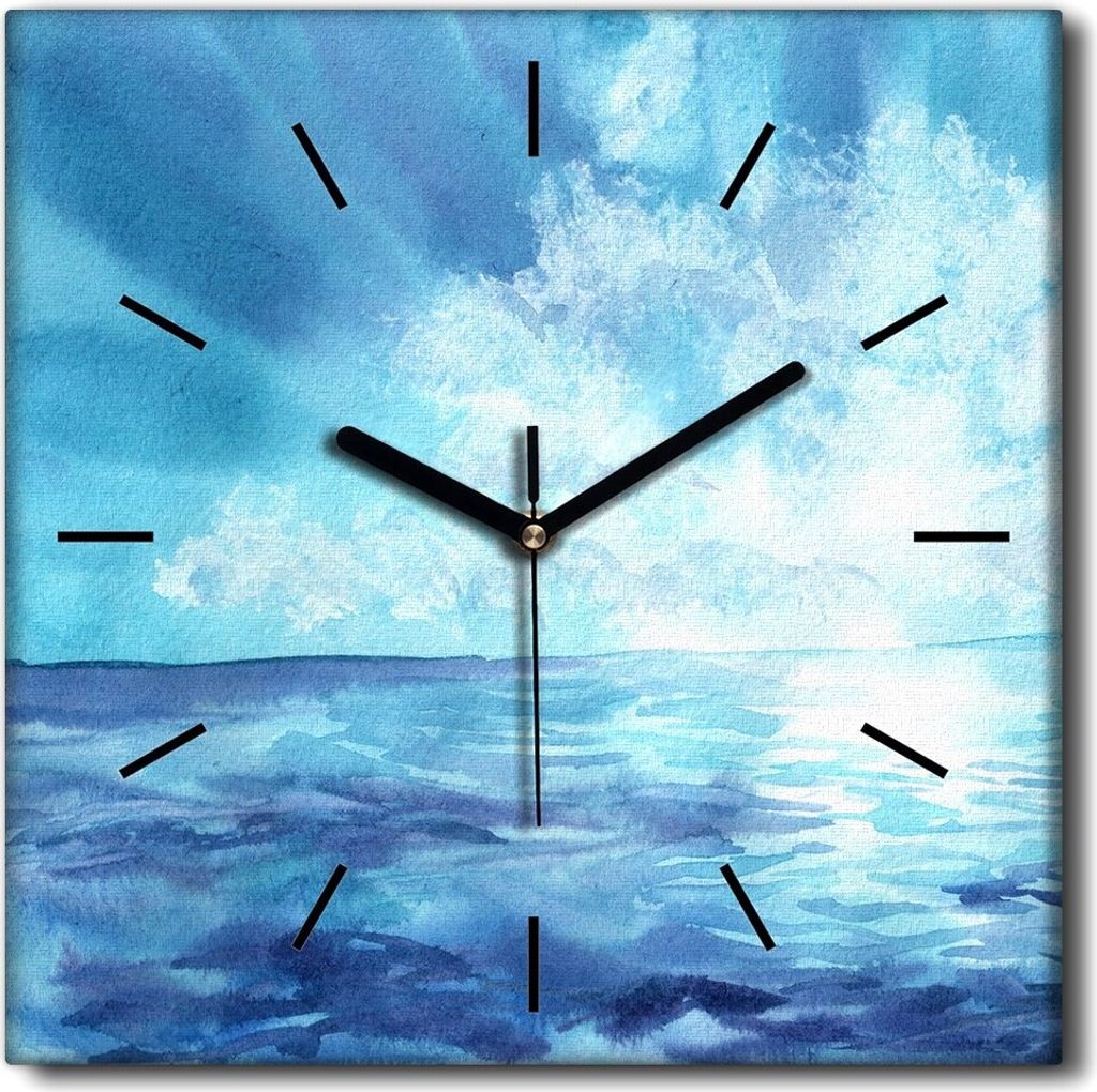 Coloray Uhr auf Leinwand 30x30 cm Wand Uhr Dekoration Wohnzimmer Segeltuch schwarze Hände -Aquarelle wellen Meer.