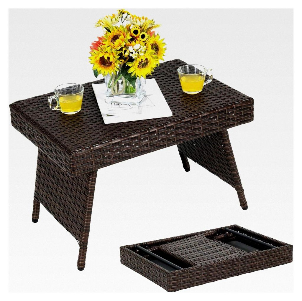 Klappbarer Polyrattan Beistelltisch, kleiner Gartentisch mit Metallgestell, 60x40x40cm, Rattantisch für Balkon und Terrasse