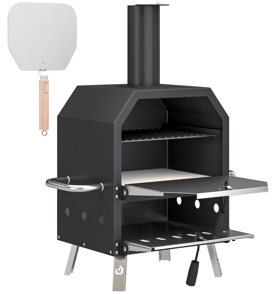 Outdoor Pizzaofen Holzbefeuerter Pizza Ofen Edelstahl 2 Ebene Backofen mit 1cm dick Pizzastein Klappbein