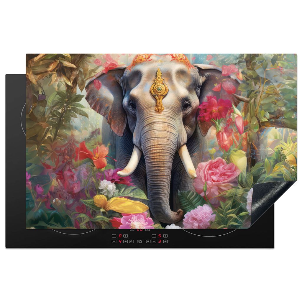 KitchenYeah Herdabdeckplatte Elefant - Blumen - Natur - Tiere , 81x52cm, Küche Deko, Glaskeramikkochfeld Herdabdeckung, Abdeckplatte fùr Kochfeld