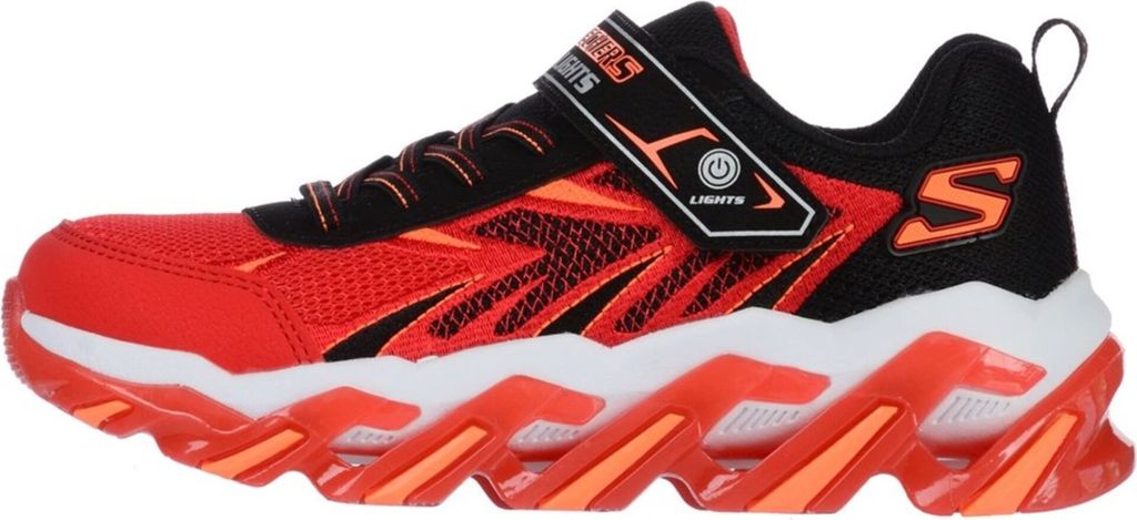 A side view of a single red and black Skechers sneaker with orange accents and a white sole.