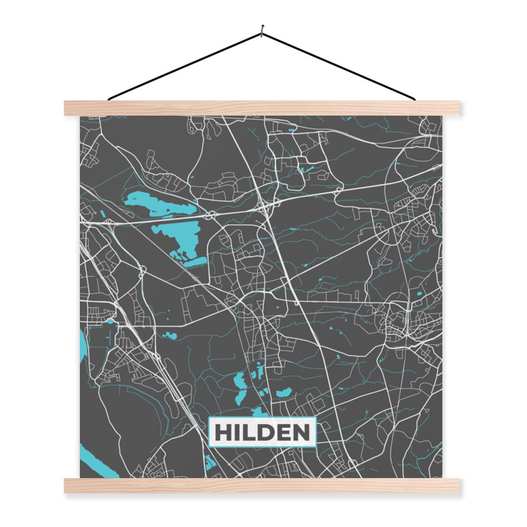 MuchoWow Textilposter Blau - Deutschland - Karte - Stadtplan - Hilden 40x40 cm mit holzfarbenen Rahmen - Posterleiste