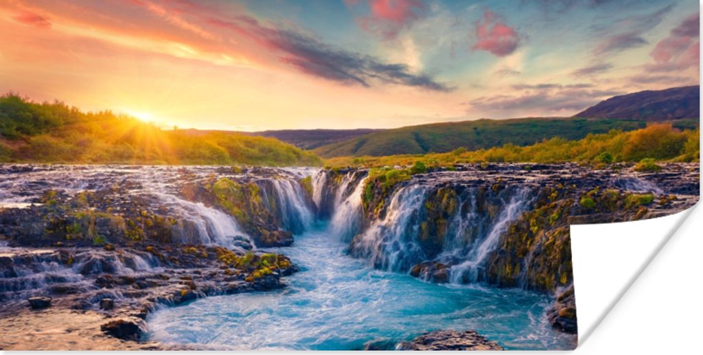 MuchoWow Poster Wasserfall - Pflanzen - Moos - Landschaft - Sonnenuntergang - Fels 40x20 cm - Poster für die Wand - Poster Schlafzimmer