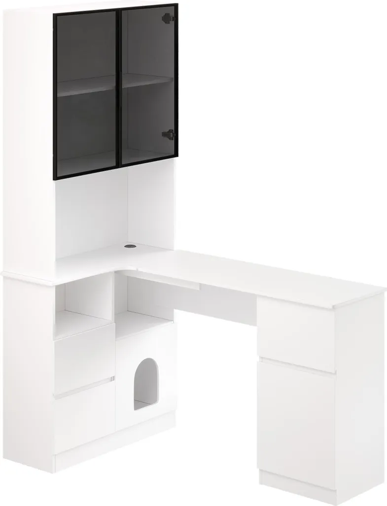 Bureau informatique d'angle blanc avec bibliothèque LED et tiroirs - 6
