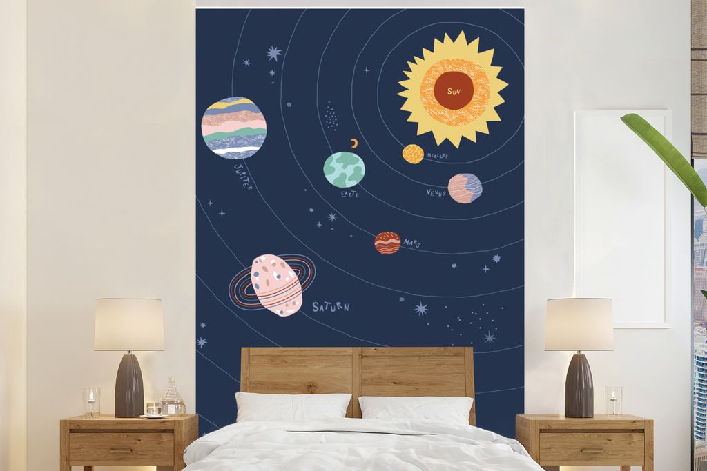 MuchoWow Fototapete für Wohnzimmer oder Schlafzimmer Wandtapete Vinyl Motivtapete Sonnensystem - Kinder - Sonne - 145x220 cm - Wanddekoration