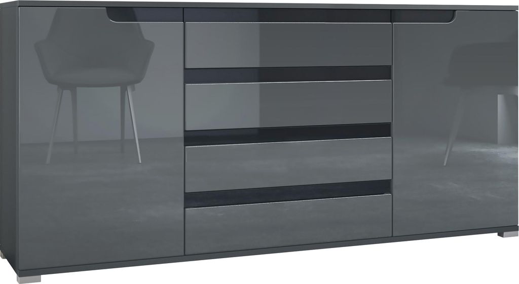 Vladon Sideboard Sylt V2, Kommode mit 2 Türen und 4 Schubladen, Korpus - Anthrazit matt / Front - Grau Hochglanz / Absetzung - Schwarz Hochglanz (...
