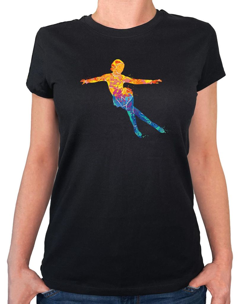 Huuraa Damen T-Shirt Eiskunstlauf bunte Silhouette L Black Bio Baumwolle Fairtrade Damenshirt Geschenkidee