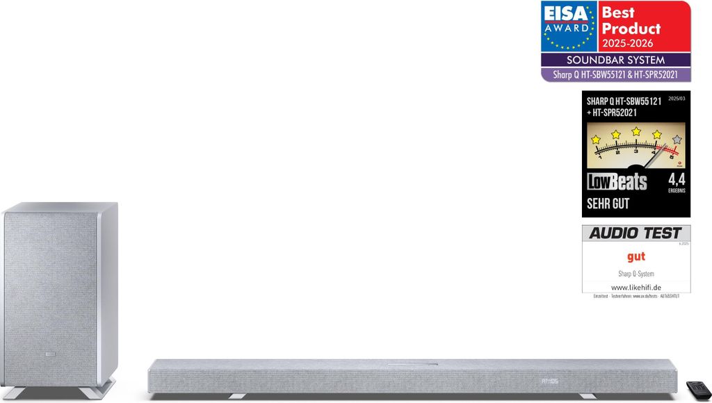 Sharp HT-SBW55121 Dolby Atmos Soundbar 5.1.2 mit DTS:X, kabellosem Subwoofer, HDMI eARC und Bluetooth 5.3