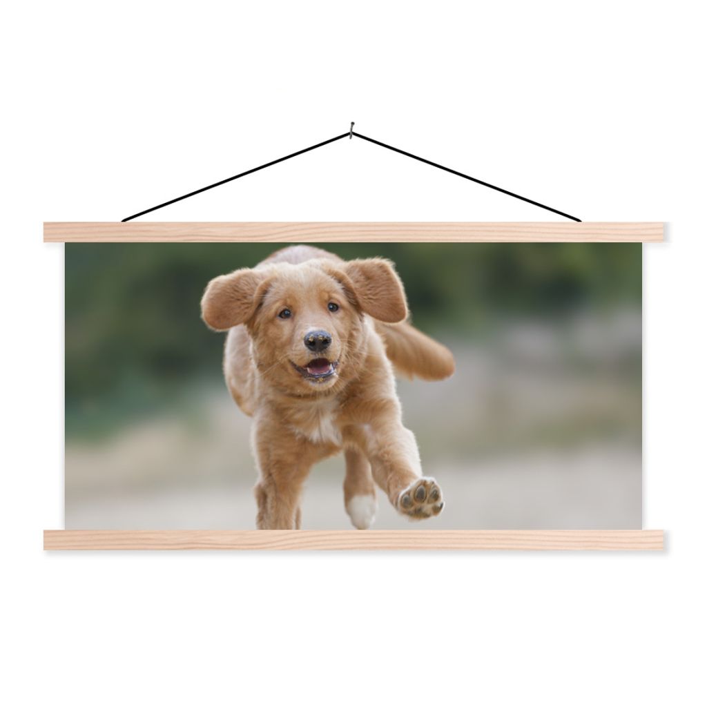 MuchoWow Textilposter Ein Golden Retriever Welpe 60x30 cm mit holzfarbenen Rahmen - Dekoration
