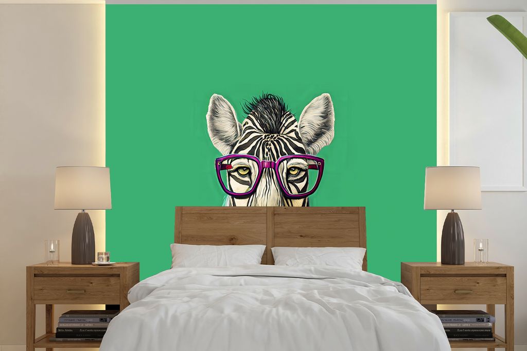 MuchoWow Fototapete für Wohnzimmer oder Schlafzimmer Wandtapete Vinyl Motivtapete Zebra - Brille - Hippie - Tiere - 240x240 cm - Schlafzimmer-Ta...