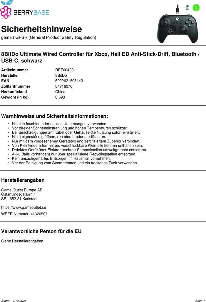 8BitDo Ultimate Manette Filaire pour Xbox avec Capteurs Hall Effect, Noir