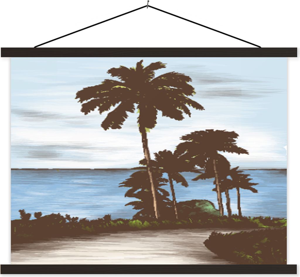MuchoWow Textilposter Meer - Palme - Aquarell 120x90 cm mit schwarzem Rahmen - Aufhänger für Poster
