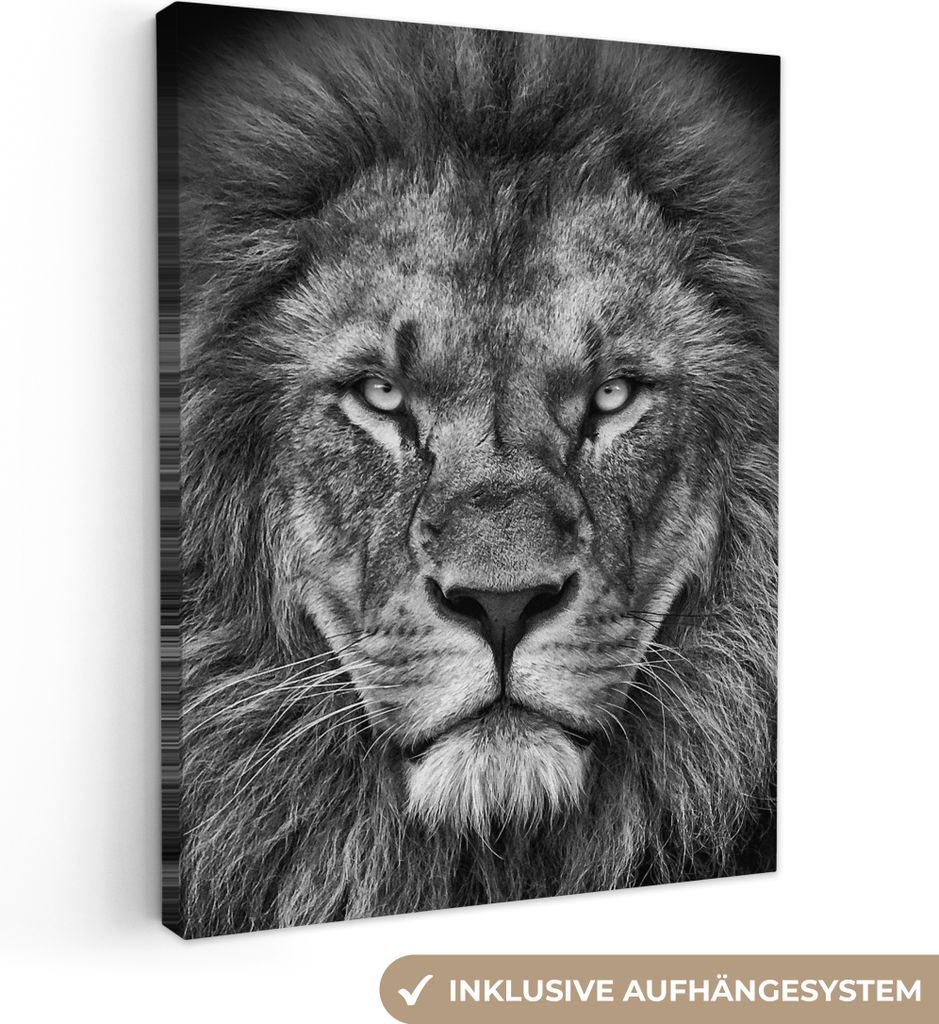 MuchoWow - Leinwandbilder - Tiere - Löwe - Schwarz - Weiß - Porträt, Wandbild, Wanddeko Bilder Wohnzimmer, 90x120 cm