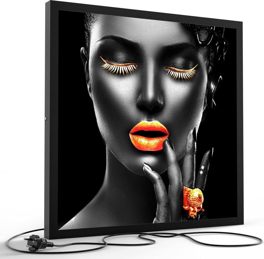 DEQORI LED-Bild & Lampe 60x60 cm Schwarz 'Frau mit Gold Make-Up' Leuchtbild LED Leuchte