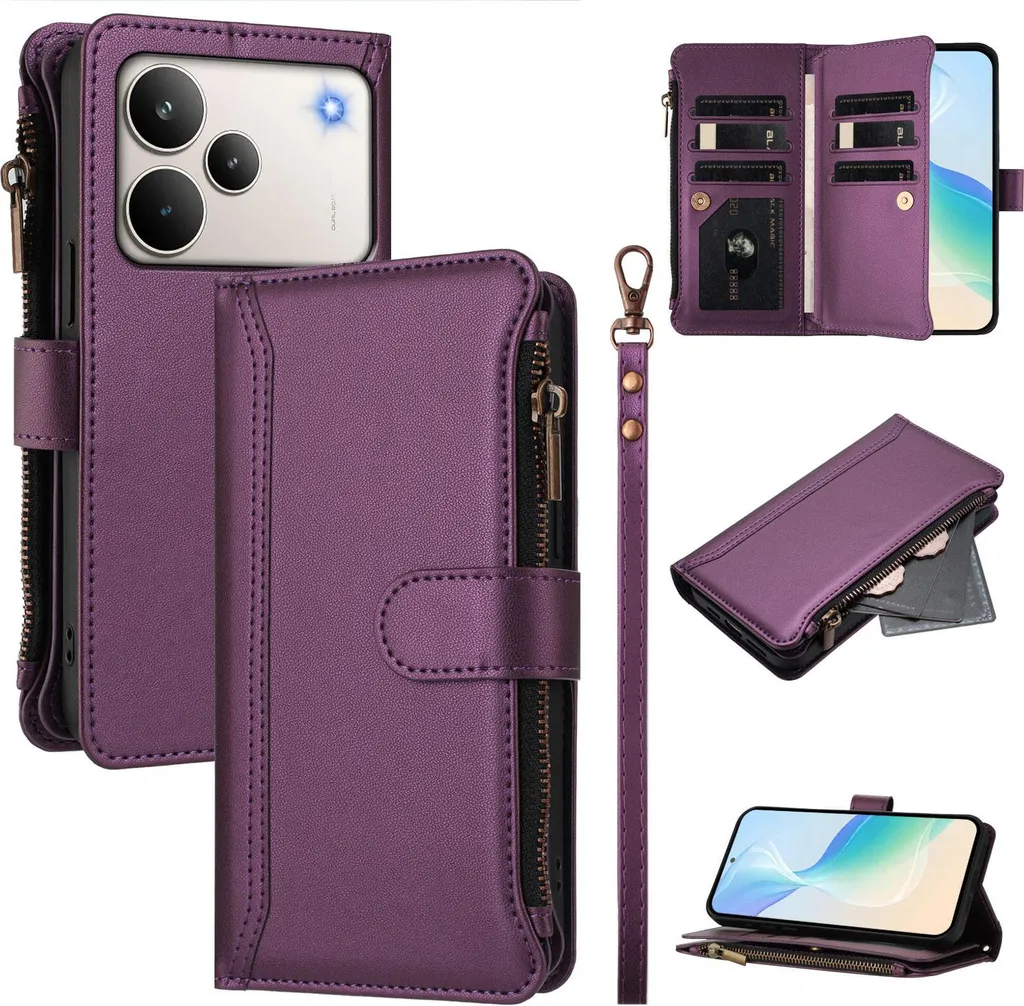 Custodia per Realme P4 Pro, con cerniera, portafoglio in Finto cuoio con tasche per carte, supporto e passante per mano Viola