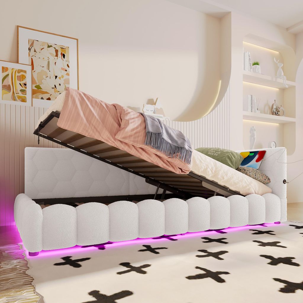 Sweiko Daybett, 90x200cm Tagesbett, Schlafsofa, Bett mit Lattenrost (ohne Matratze), mit LED-Lichtleiste, mit hydraulischem Hebemechanismus, USB-An...