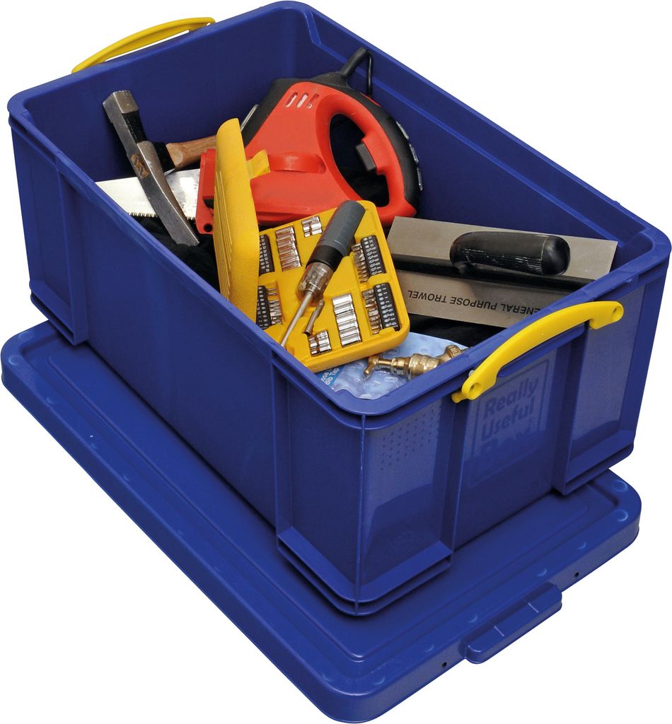 A blue storage box filled with various tools, placed on a blue lid.