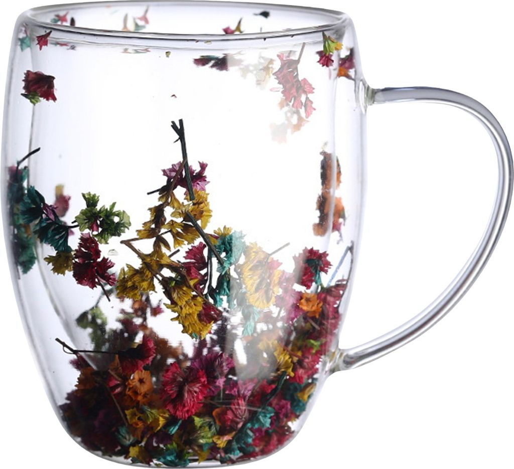 Doppelwandiger Glasbecher mit Blumenmuster, 250 ml/350 ml, transparenter, ästhetischer Trinkbecher mit isoliertem Griff, echte Blumendekoration, d...