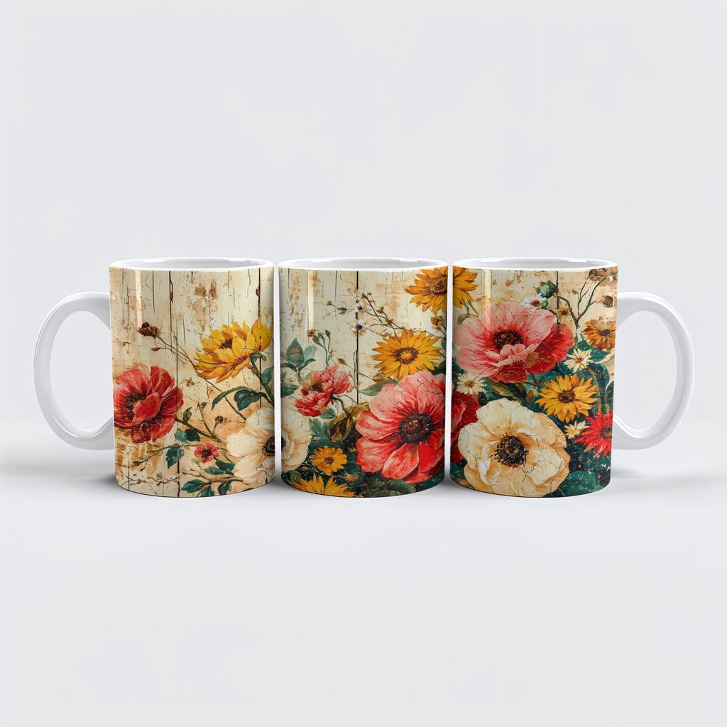 raxxa Premium-Tasse "Wild Roses and Poppies on Rustic Wood"