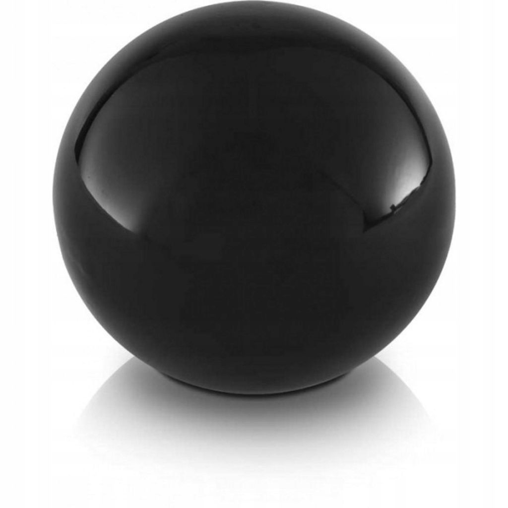 A glossy black sphere is shown on a white background with a subtle shadow.