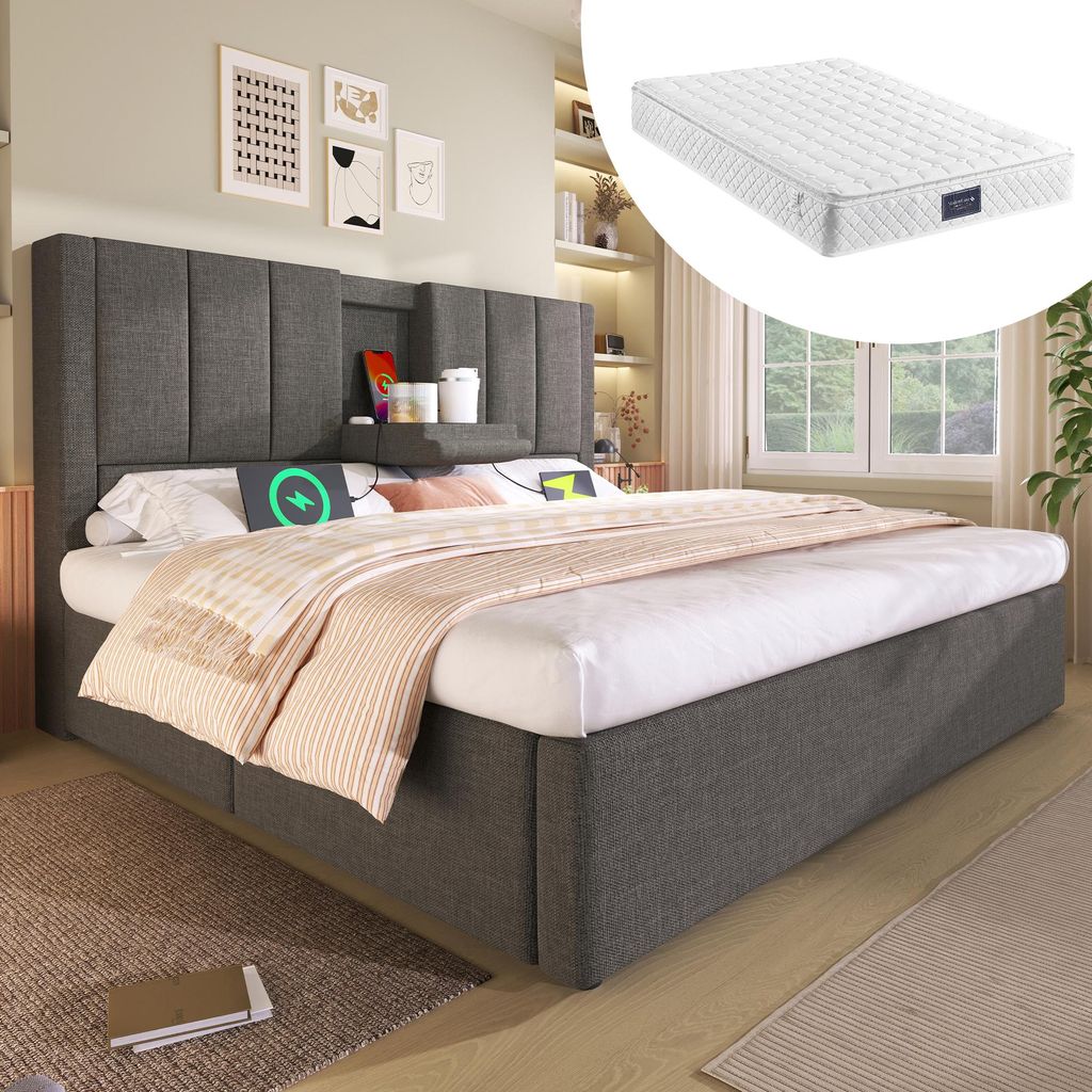 MODFU Polsterbett mit Matratze 140x200 Bettgestell Doppelbett mit Becherhalter und Ladestation,Hydraulisches Bett Bettrahmen aus Leinen,Grau