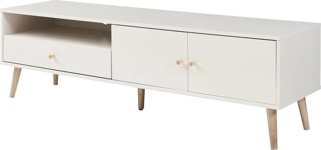 Banc TV Blanc Hallevil 150cm - Buffet Multimédia avec Rangements Bas - 3