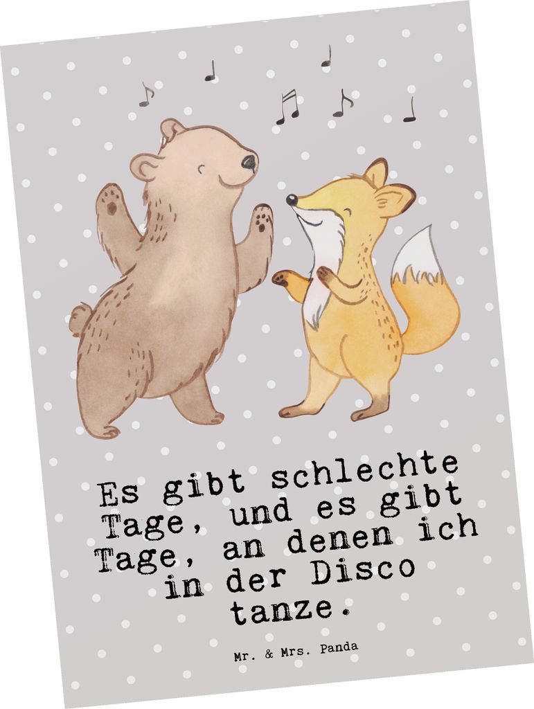 Mr. & Mrs. Panda Postkarte Bär & Fuchs Disco - Grau Pastell - Geschenk, Postkarten, bildkarte, Clubbing, Clubs, Feiern, Tanzen, Ansichtskarte, ein...