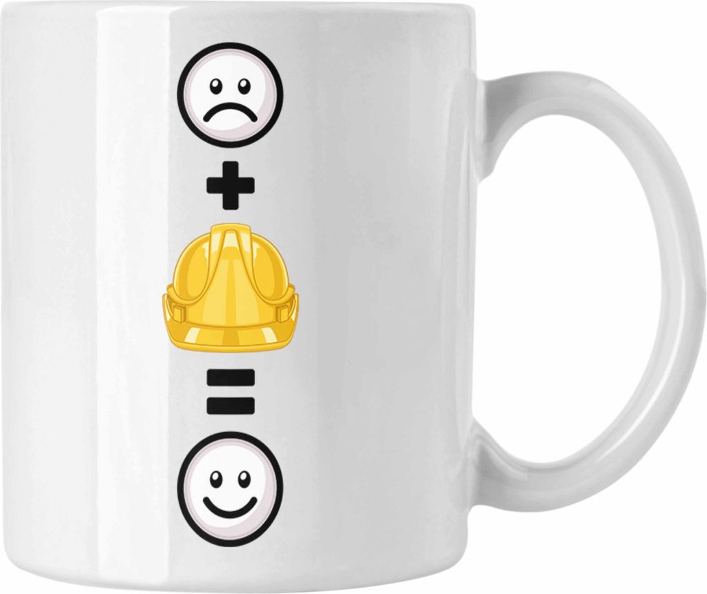 Trendation - Baustelle Tasse Geschenkidee für Bauarbeiter Geburtstag Lustiges Geschenk :( + Sicherheitshelm = :) (Weiß)