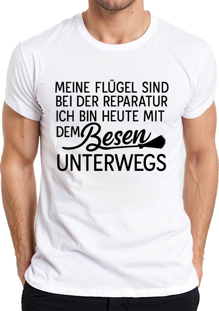 Flügel in Reparatur heute mit Besen unterwegs Hexe Lustig Spaß Herren T-Shirt, Weiß, L