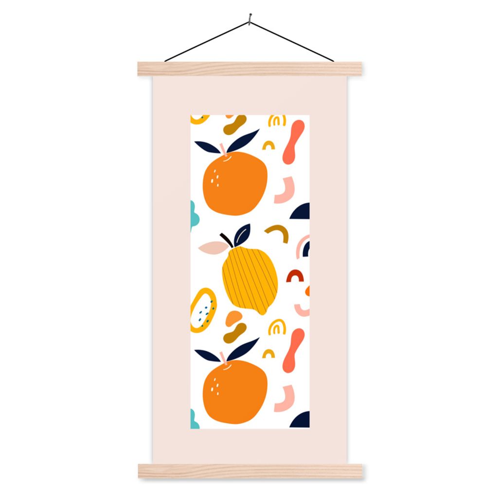 MuchoWow Textilposter Obst - Orange - Pastell - Rosa 60x120 cm mit holzfarbenen Rahmen - Holz