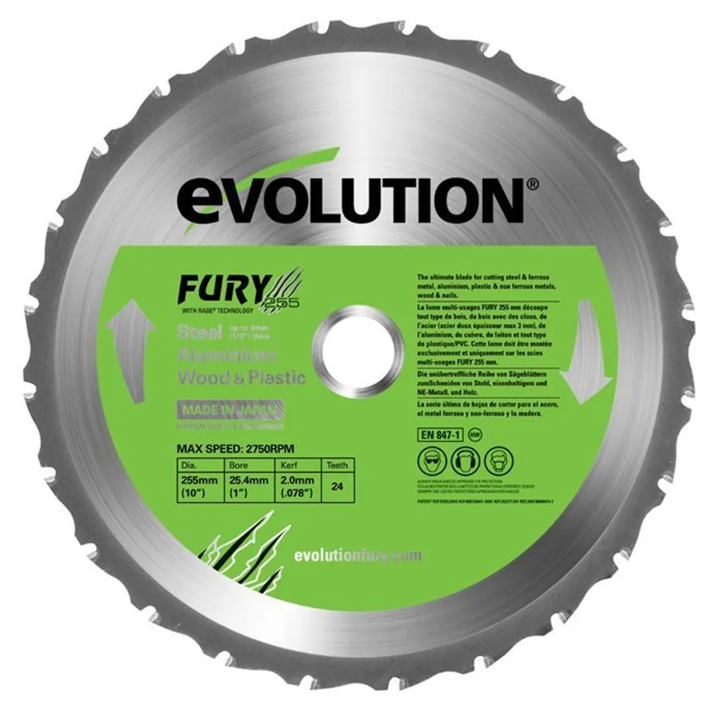 Evolution FURY Lame multi-usages 255 mm pour scie à onglet et circulaire