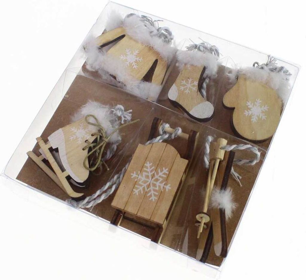 Set 6 Hänger Holz natur weiß Winter Schlitten Ski Schlittschuhe Handschuhe, Farbe:natur