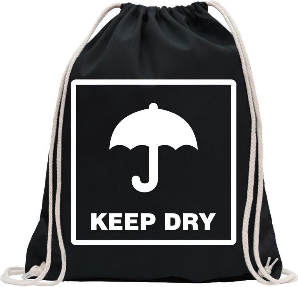 Kiwistar - Turnbeutel - schwarz - Keep Dry - trocken lagern - Fun Rucksack Sport Beutel Gymsack Baumwolle mit Ziehgurt