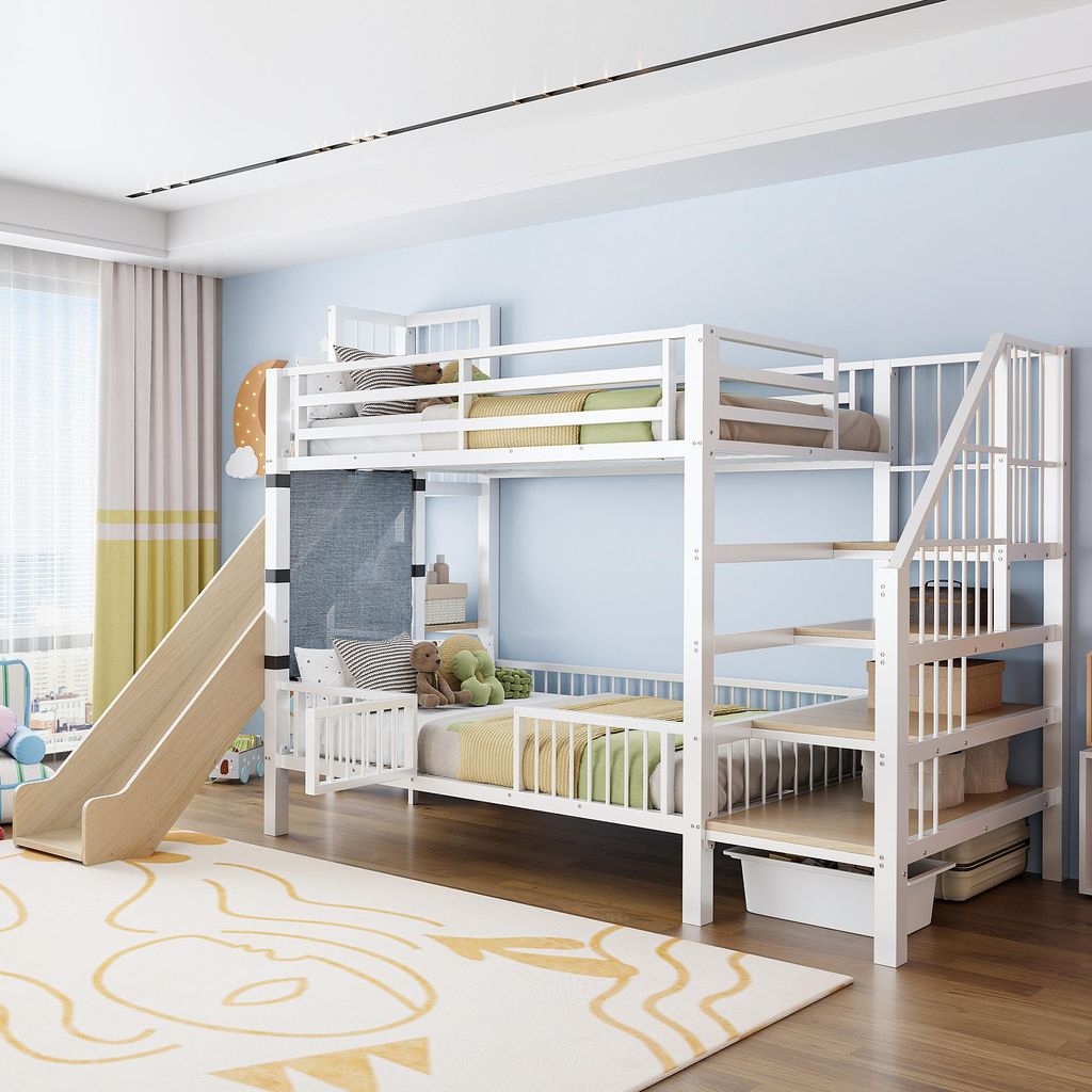 Metall-Hochbett für Kinder mit Rutsche und Stauraumtreppe 90*200CM, Etagenbettgestell mit Schutzgittertür, integrierten Regalen, platzsparendes K...