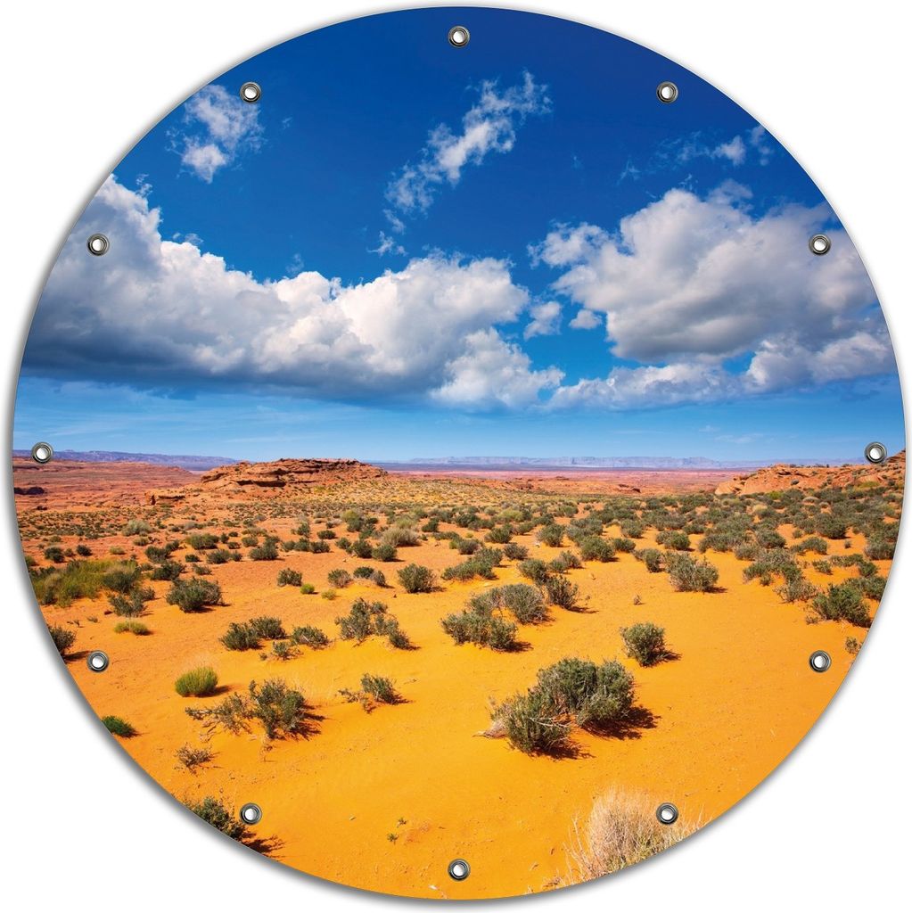 Wallario rundes Outdoor-Poster für Garten oder Balkon, Motiv Wüste in Arizona - blauer Himmel mit Wolken I, 90 cm Durchmesser