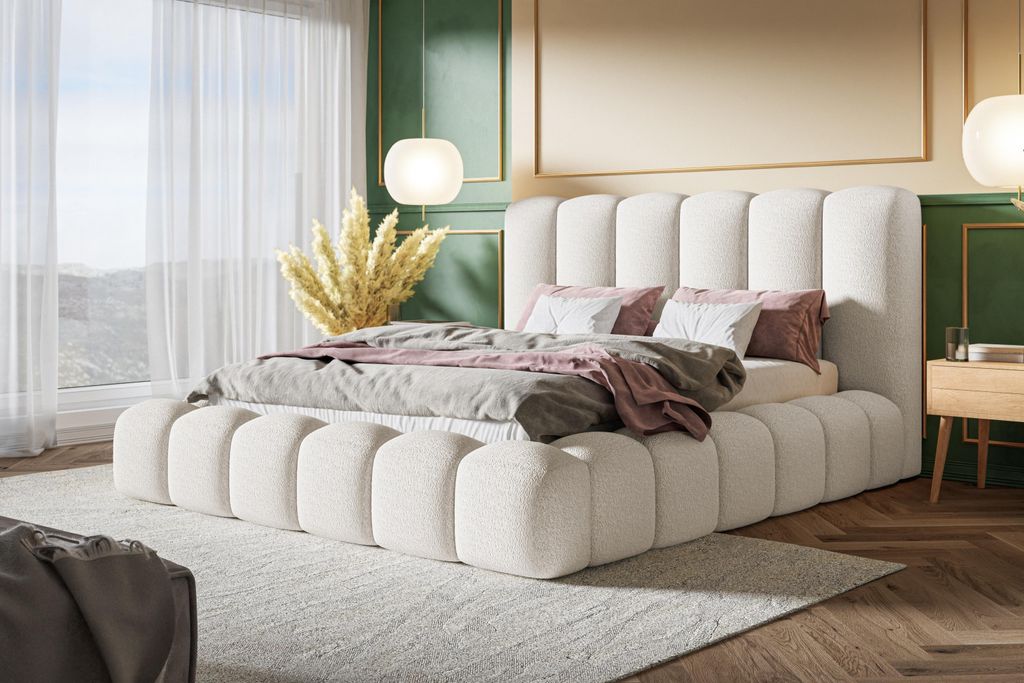 Bett 120x200, Bett mit Lattenrost, Polsterbett mit Bettkasten und Holzrahmen, Eleganter Catch Me-stoff, Kollektion Nora Maxi, Weiß