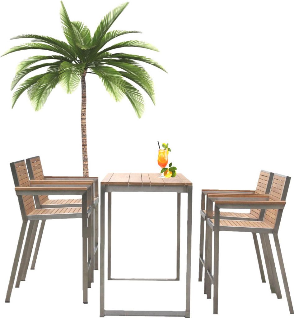 Teako Design Bargruppe 4 Barstühle mit Tisch Teakholz Edelstahl