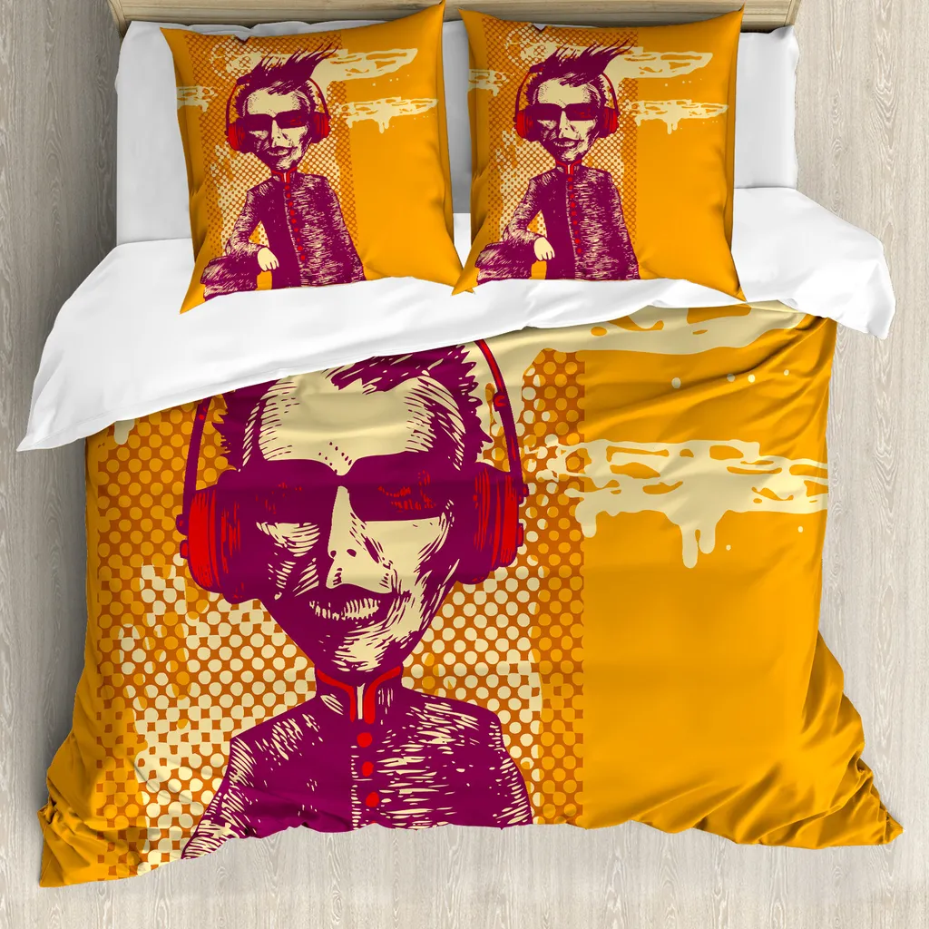 ABAKUHAUS Set copripiumino per letto matrimoniale, Grotesk Mann Kopfhörer, antiacaro, adatto a chi soffre di allergie, con federe, calendula marrone
