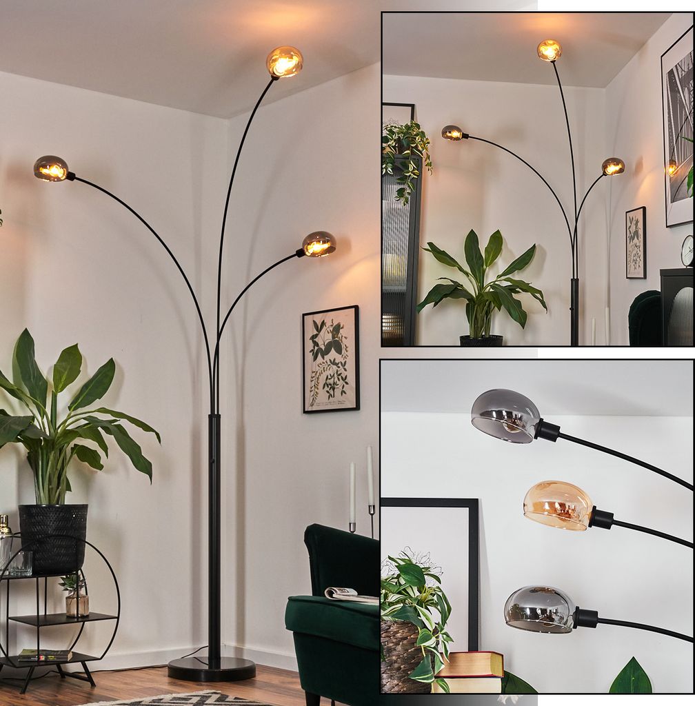 Suio Stehlampe aus Metall in Schwarz/Rauch/Bernstein, Retro-Design