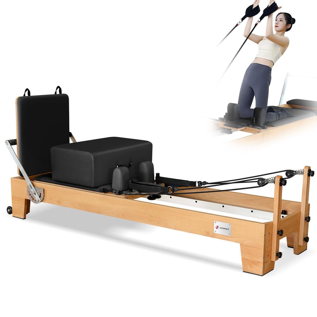 Pilates-Reformer P80 aus Buchenholz, 450KG Belastbar (ausgestattet mit Federn, Sitzbox, Jumpboard und Zubehör), für Studio und Zuhause