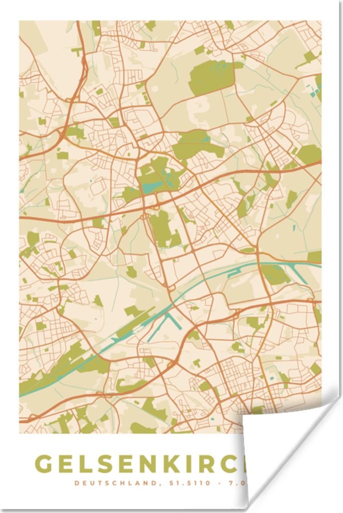 MuchoWow Poster Karte - Gelsenkirchen - Karte - Vintage - Stadtplan 20x30 cm - Papierdruck