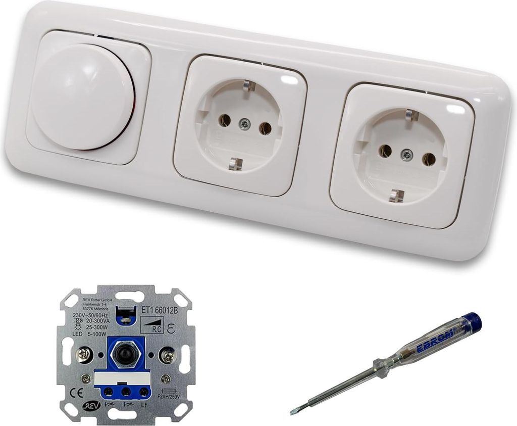 REV Ritter LED Drehdimmer Dimmer + Busch Jäger Dimmerscheibe 2115-214 und 2 x Steckdose 20EUC-214 in Reflex Si alpinweiß glänzend inklusive EBRO...